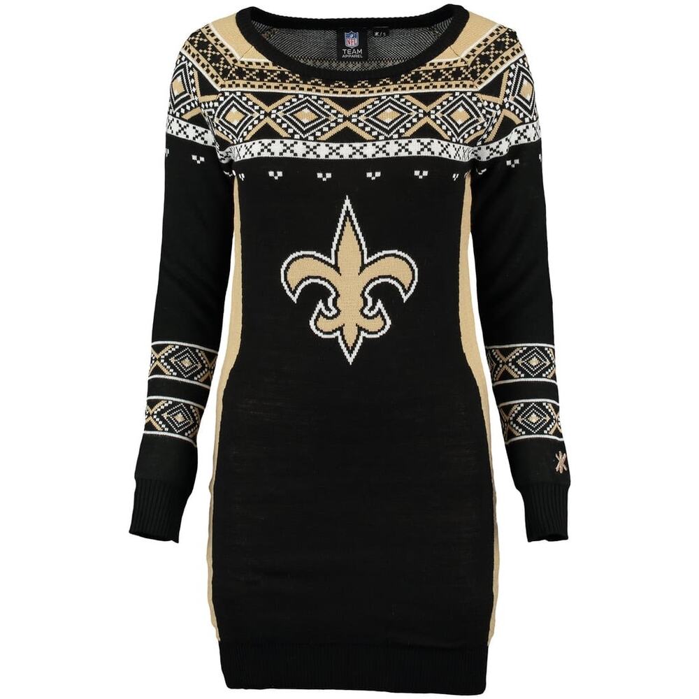 Official NFL Klew Black New Orleans Saints Big Logo Ugly Sweater Dress - LARGE